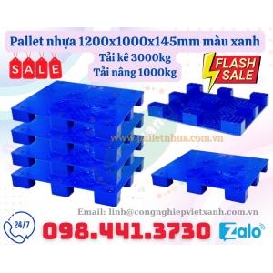 Pallet nhựa mặt liền 1200x1000x145mm 9 chân PL09LS - Pallet nhựa 9 chân 1200x1000x145mm màu xanh PL09LS
