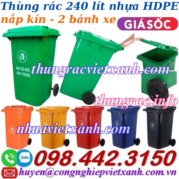Thùng rác nhựa 240 lít nắp kín - 2 bánh xe - nhiều màu sắc