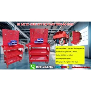 Các mẫu xe đẩy 3 ngăn kế hợp bảng treo, kệ treo khay nhưa